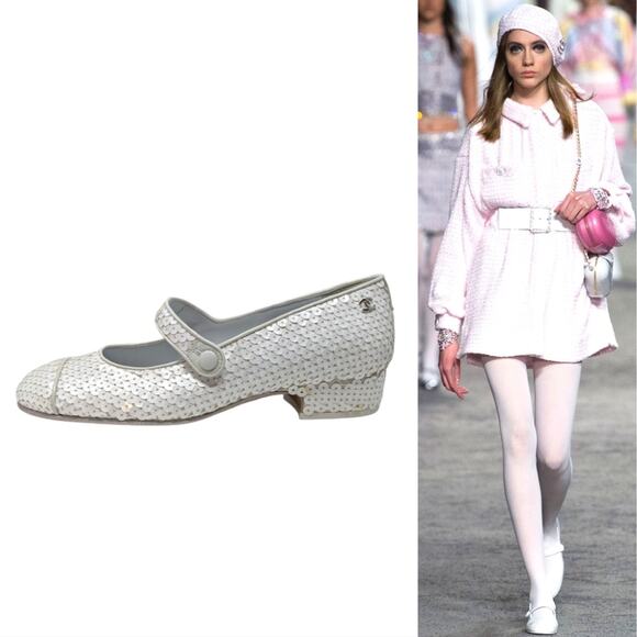 19C Chanel Mary Jane flats ballet pumps interlocking CC logo white sequin 37 - Picture 1 of 16